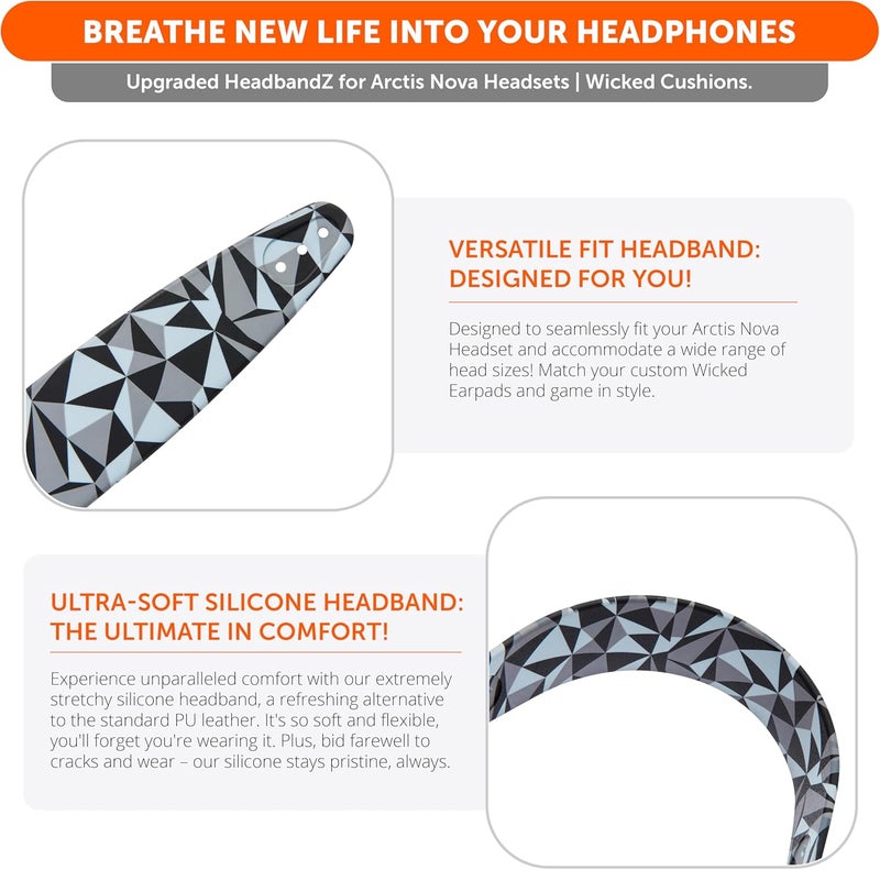 WC HeadbandZ Arctis Nova - Upgraded Silicone Headband for Arctis Nova Headsets by Wicked Cushions - Enhanced Flexibility, Comfort, and Style with Matching Earpad Designs | Geo Grey - Image 4